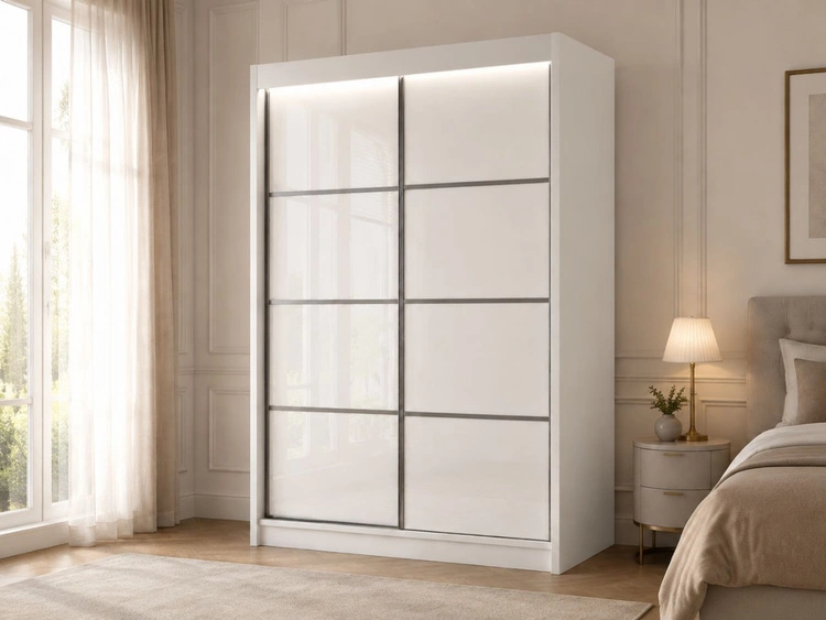 Schiebetürenschrank mit Sprossen 150 cm mit LED-Beleuchtung Ponti Weiß