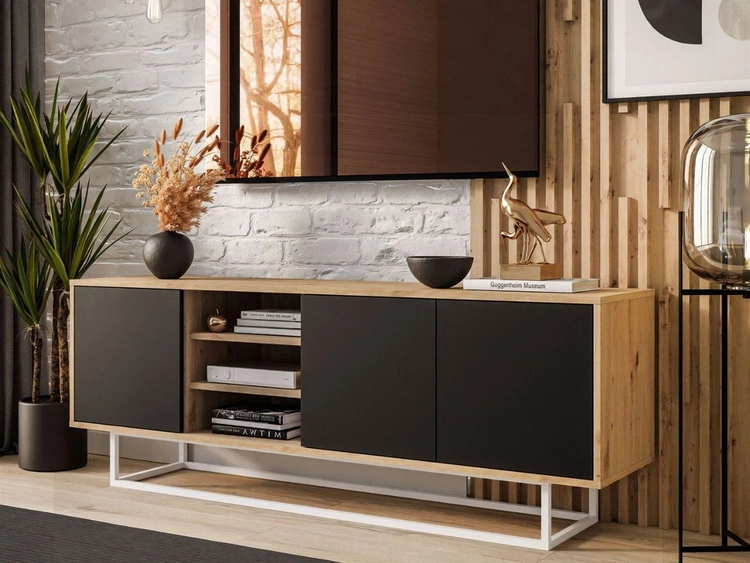 TV-Lowboard mit Türen auf weißem Gestell Vivance Schwarz und Artisan Eiche