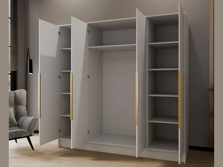 Kleiderschrank mit Spiegel 200 cm Lucca Weiß mit goldenen Griffen