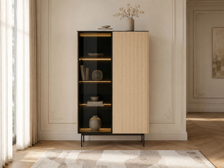 Standvitrine mit einer Glastür, LED-Beleuchtung und Schublade für das Wohnzimmer Auroé Eiche Vicenza
