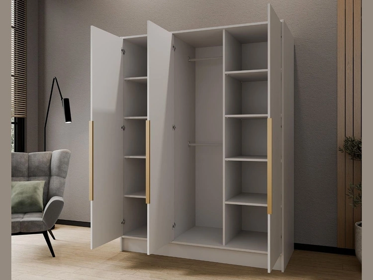 Kleiderschrank mit Spiegel 150 cm Lucca Weiß mit goldenen Griffen