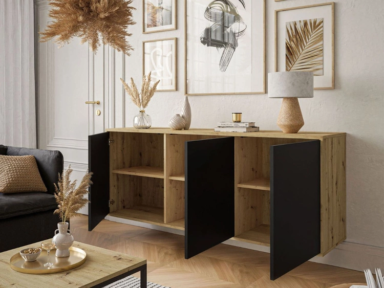 Dreitürige Kommode 154 cm im Loft-Stil auf weißem Gestell – Vivance, Schwarz matt & Eiche Artisan