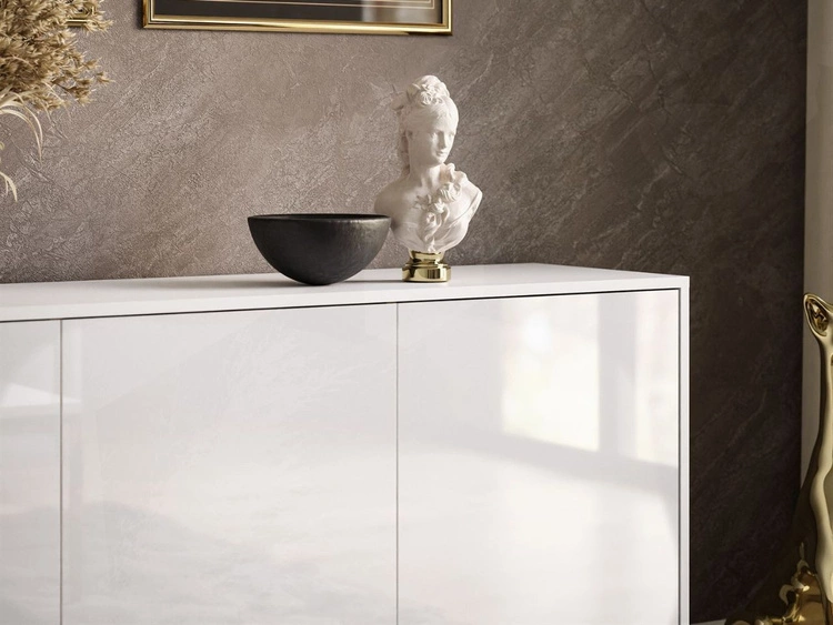 Drehtür-Kommode 154 cm im Glamour-Stil auf schwarzem Gestell Vivance Weiß Hochglanz
