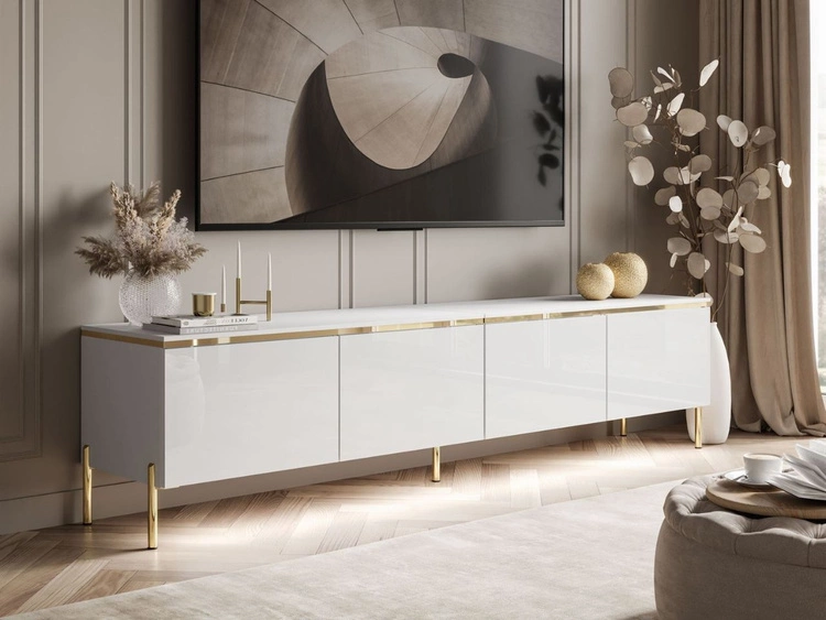 TV-Lowboard im Glamour-Stil mit LED-Beleuchtung Celle, Weiß Hochglanz