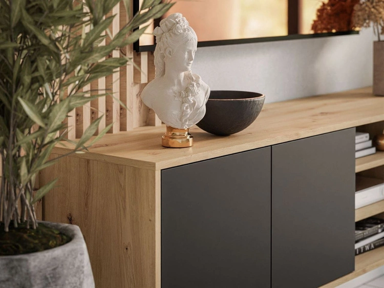Hängendes TV-Lowboard mit Türen Vivance Schwarz und Eiche Artisan