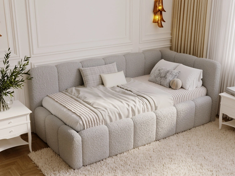 Jugendbett Einzelbett mit Bettkasten und Lattenrost 90x200 Cloud One Grau Bouclé-Stoff