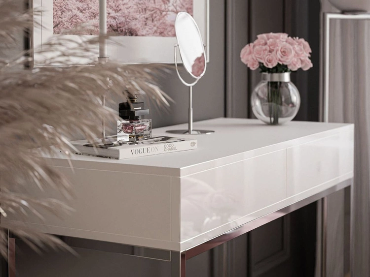 Konsolentisch mit Schubladen und silbernem Gestell im Glamour-Stil Brisa Weiß Hochglanz