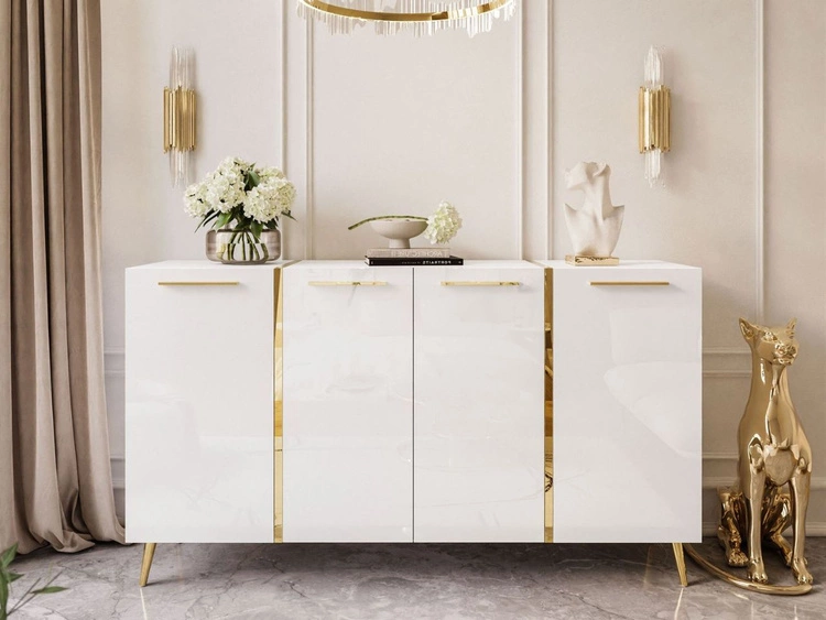 Viertürige Kommode 158 cm Glamour-Stil mit goldenen Griffen und Beinen Lunelie Weißglanz