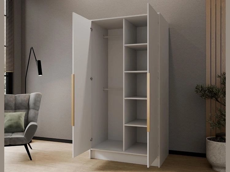 Kleiderschrank mit Spiegel 100 cm Lucca Weiß mit goldenen Griffen