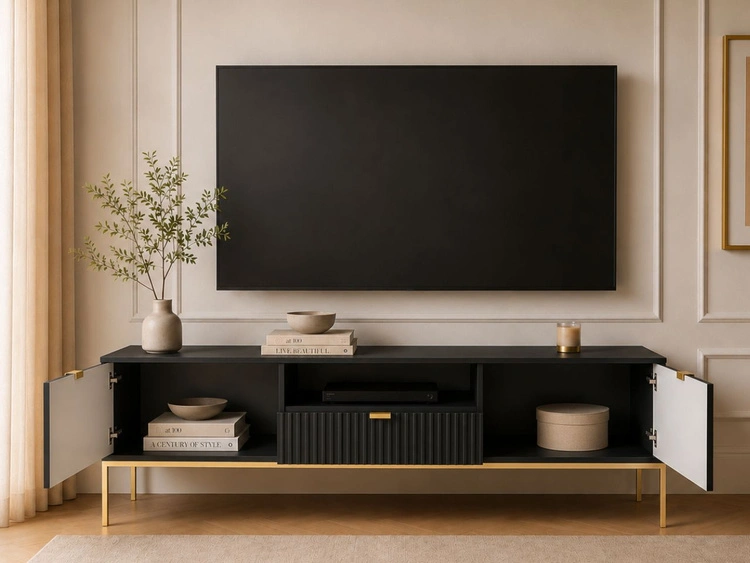 TV-Lowboard mit Schublade und Türen Amber Schwarz, Gold Frame