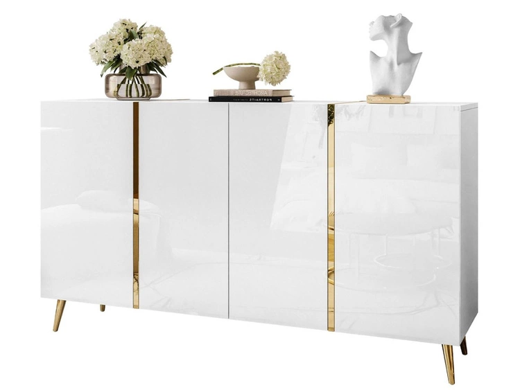 Viertürige Kommode 158 cm Glamour-Stil auf goldfarbenen Metallbeinen Lunelie Weißglanz