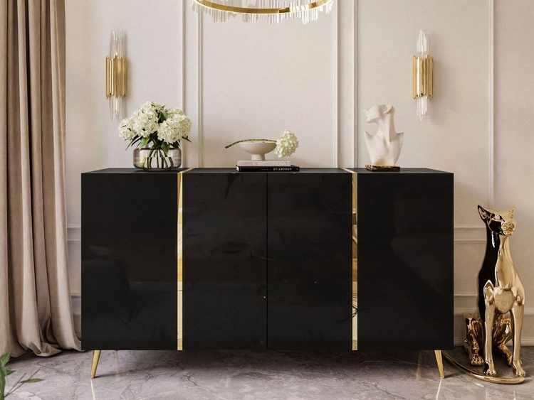 Viertürige Kommode 158 cm Glamour-Stil auf goldfarbenen Metallbeinen Lunelie Schwarzglanz
