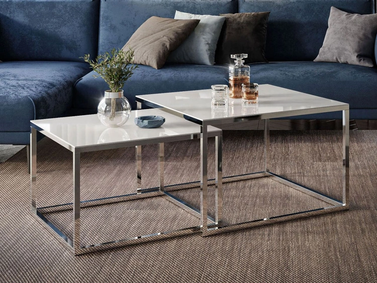 Couchtisch auf verchromtem Gestell mit Glasplatte Asumi Weiß 39x45
