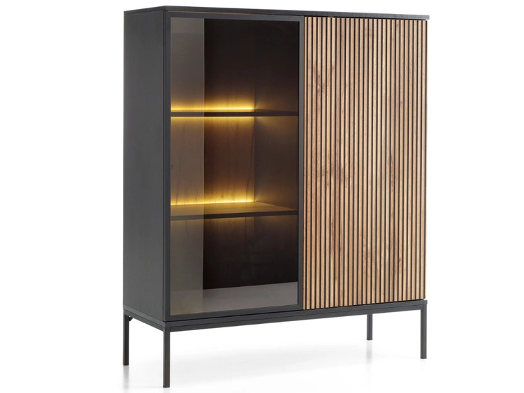 Vitrinenschrank mit Led Deo 126 cm Schwarz, EIche Wotan