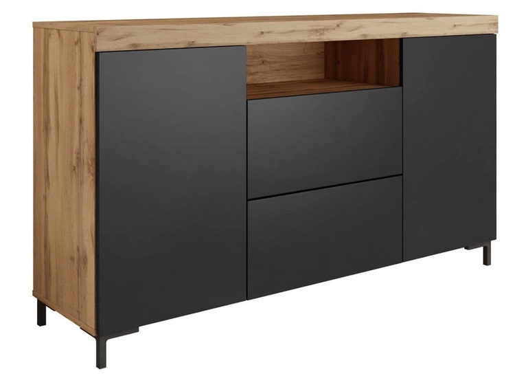 Zweittürige Kommode 164 cm im Loft-Stil Asumi Schwarz matt und Eiche Wotan
