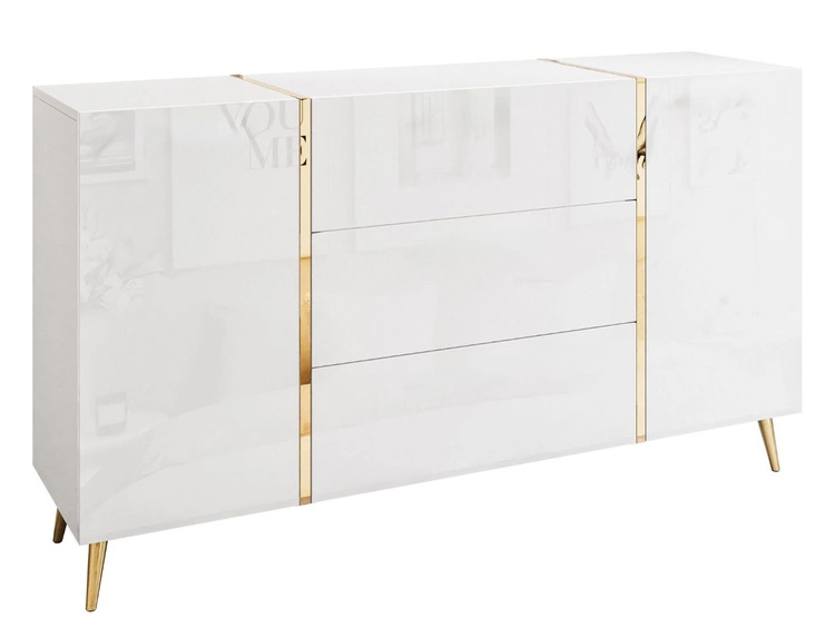 Zweitürige Kommode 158 cm auf goldenen Beinen mit drei Schubladen Lunelie Weißglanz