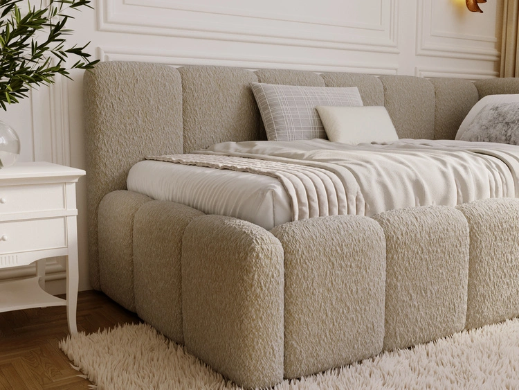 Jugendbett Einzelbett mit Bettkasten und Lattenrost 90x200 Cloud One Dunkelbeige Bouclé-Stoff