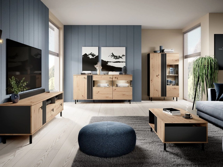 Vitrinenschrank Malone Artisan Eiche, Schwarz