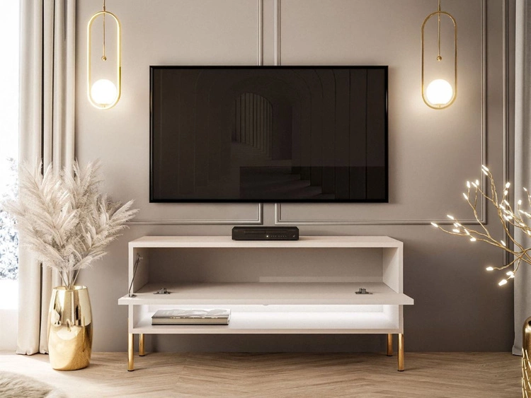 TV-Schrank 90 cm mit LED-Beleuchtung und goldenen Metallbeinen Aurelie Kaschmir Hochglanz