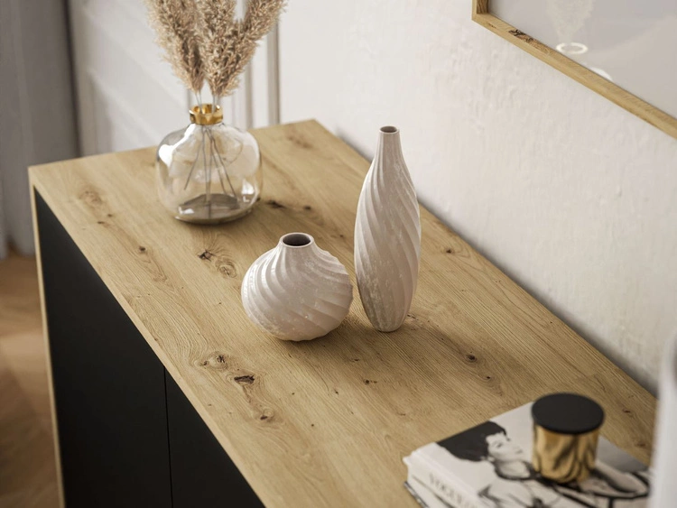 Dreitürige Kommode 154 cm im Loft-Stil mit schwarzen Beinen – Vivance, Schwarz matt & Eiche Artisan