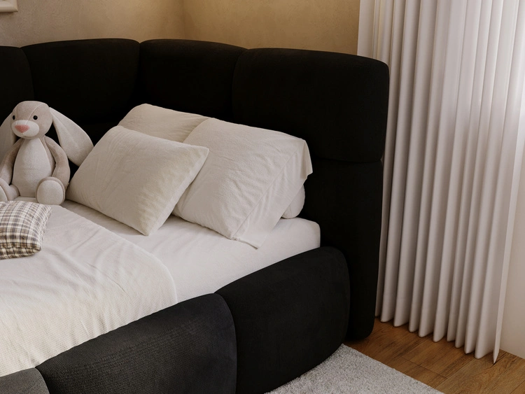 Gepolstertes Jugend-Einzelbett mit Bettkasten und Holzrost 90x200 Modo One Links Schwarz
