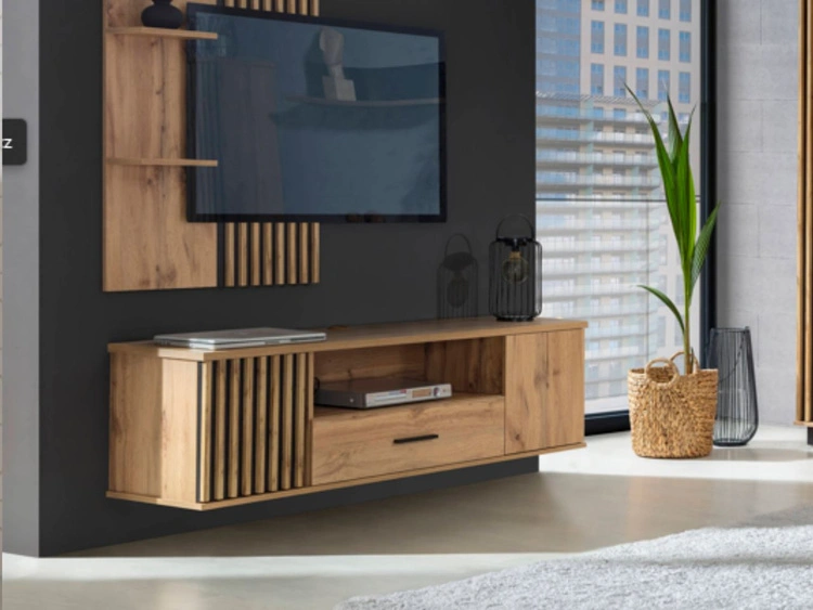 Fernsehschrank mit Schublade und Lamellen Lavore Wotan Eiche, Schwarz matt