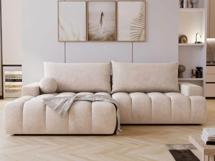 Ecksofa L-Form mit Schlaffunktion und Bettkasten Havi Links Hellbeige