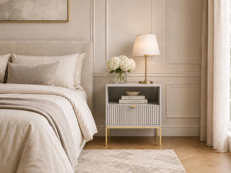 Nachtschrank mit Schublade Amber Grau, Gold Frame