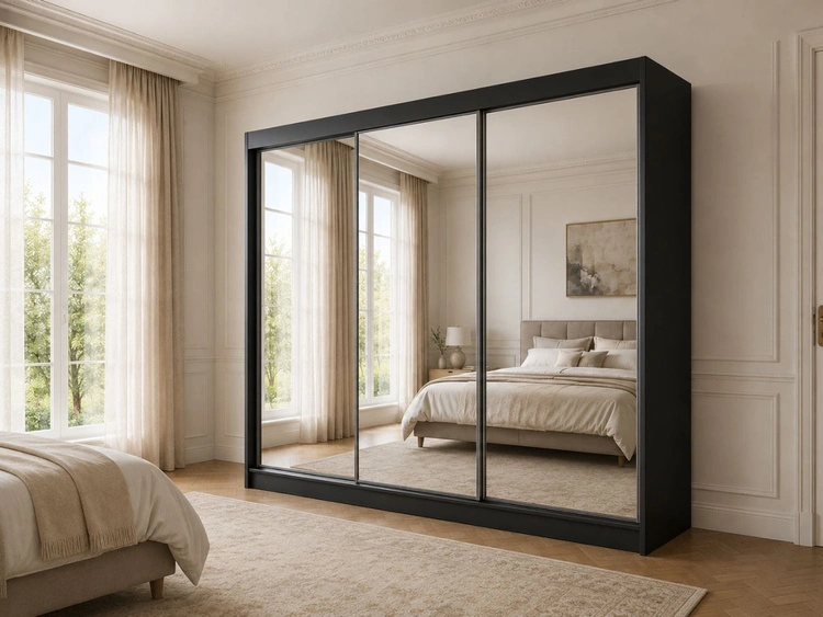 Schiebetürenschrank 250 cm mit Spiegel und LED-Beleuchtung Luzio Schwarz