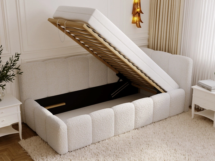 Jugendbett Einzelbett mit Bettkasten und Lattenrost 90x200 Cloud One Beige Bouclé-Stoff