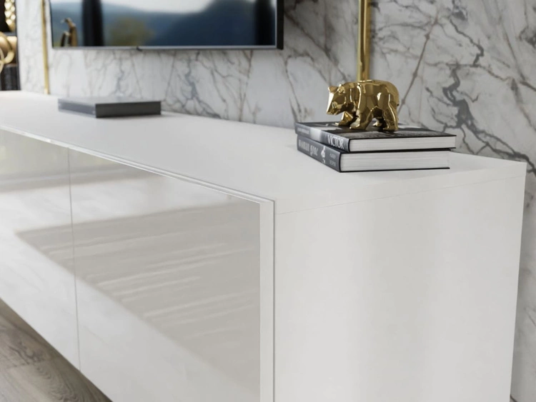 Wohnwand für das Wohnzimmer mit LED-Beleuchtung auf Goldenen Metallbeinen Noaé Weiß Hochglanz