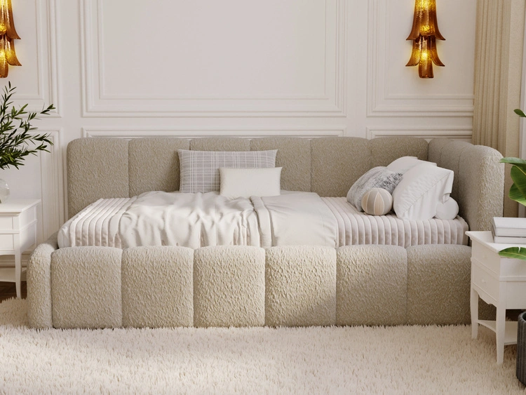 Jugendbett Einzelbett mit Bettkasten und Lattenrost 90x200 Cloud One Dunkelbeige Bouclé-Stoff