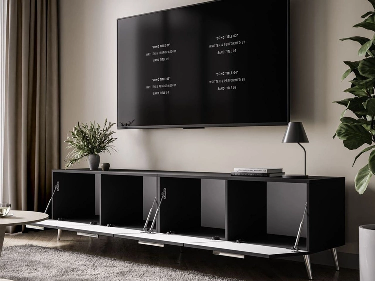 TV-Lowboard mit Türen auf Silbernen Metallbeinen 200 cm Noaé Schwarz Hochglanz