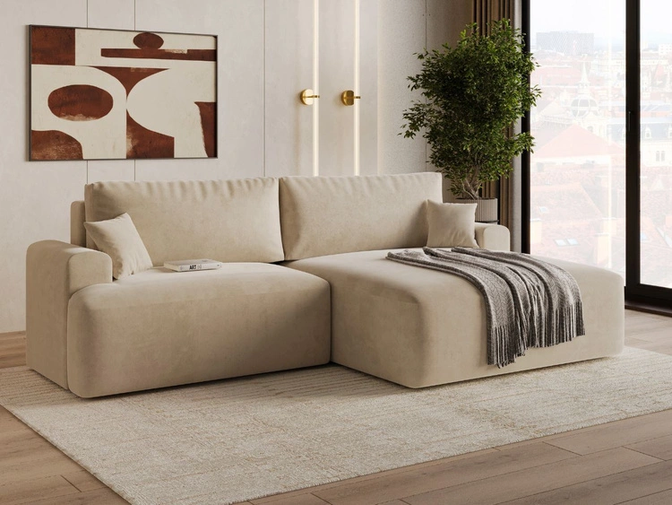 Ecksofa L-Form mit Schlaffunktion und Bettkasten Serene Rechts Beige