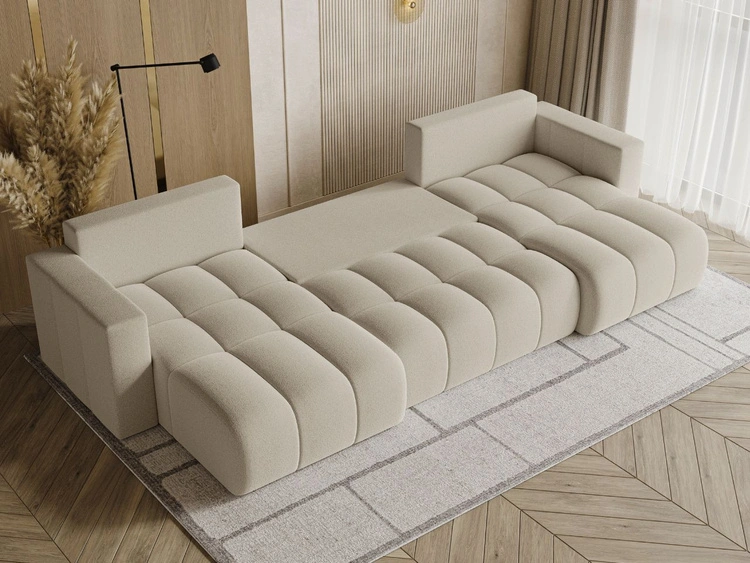 Wohnlandschaft mit Schlaffunktion und Bettkasten Neva Bouclé-Stoff Beige