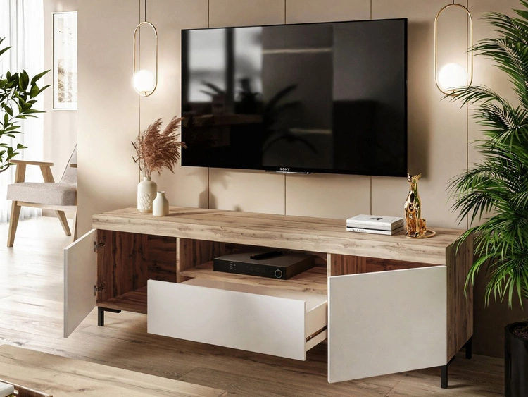 Wohnzimmer-Set – TV-Schrank und Kommode auf schwarzen Füßen Asumi Weiß und Eiche Wotan