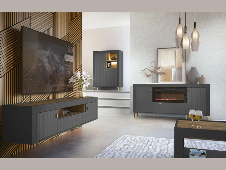 Kommode mit Türen, Schublade und Kamin Messina Schwarz
