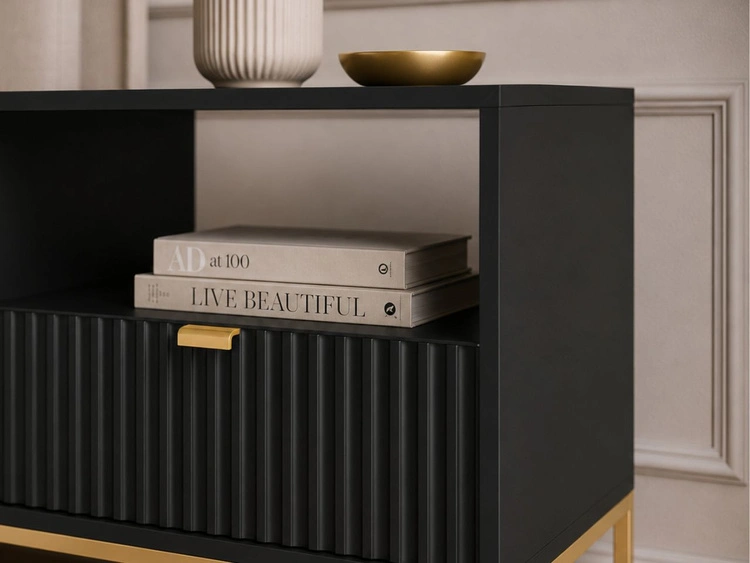 Nachtschrank mit Schublade Amber Schwarz, Gold Frame