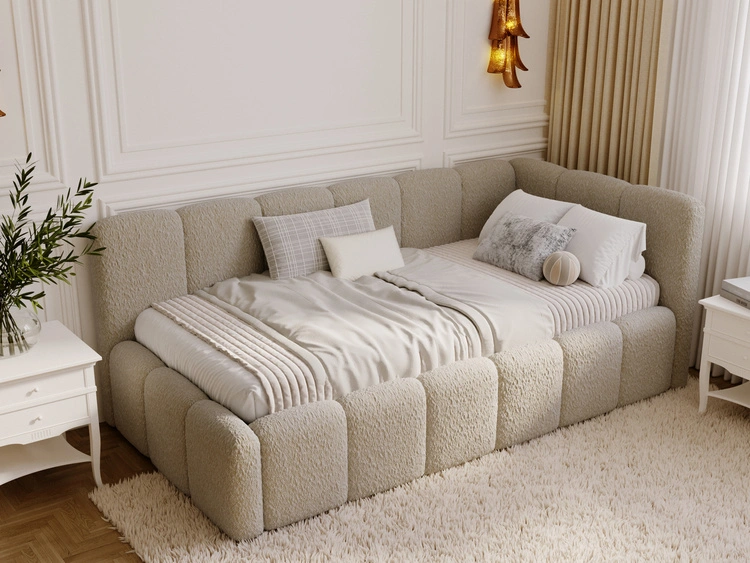 Jugendbett Einzelbett mit Bettkasten und Lattenrost 90x200 Cloud One Dunkelbeige Bouclé-Stoff