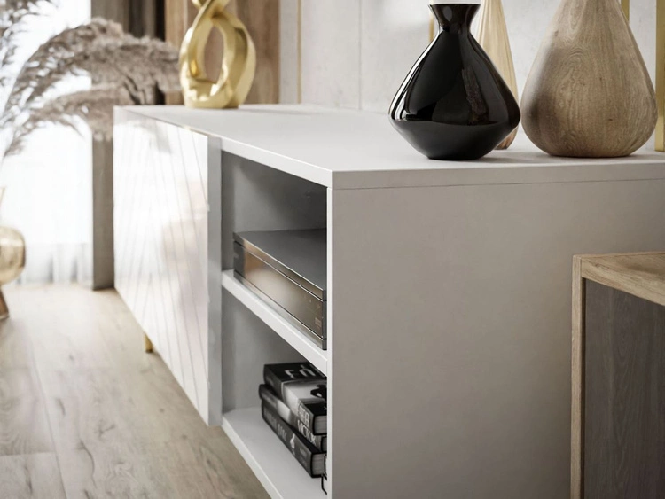 TV-Schrank mit gefrästen Fronten und verchromten Metallbeinen Vionel Weiß glänzend