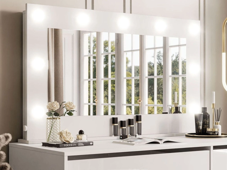 Schminktisch Glamour mit Spiegel, Schubladen und LED Melo Weiß Hochglanz