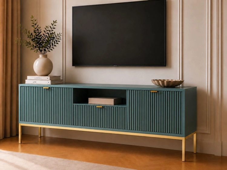 TV-Lowboard mit Schublade und Türen Amber Grün, Gold Frame