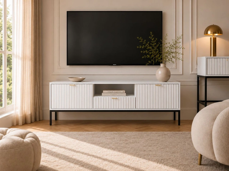 TV-Lowboard mit Schubladen und Türen Amber Weiß, Schwarz Frame