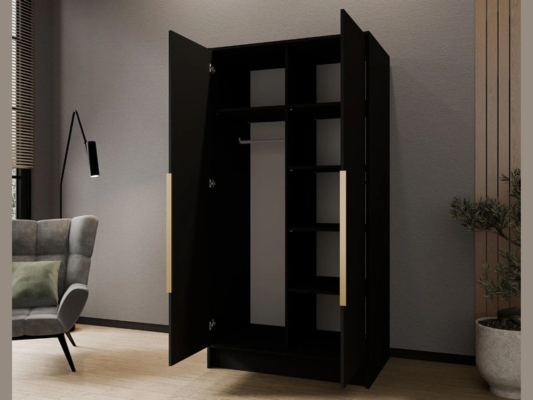 Kleiderschrank mit Spiegel 100 cm Lucca Schwarz mit goldenen Griffen