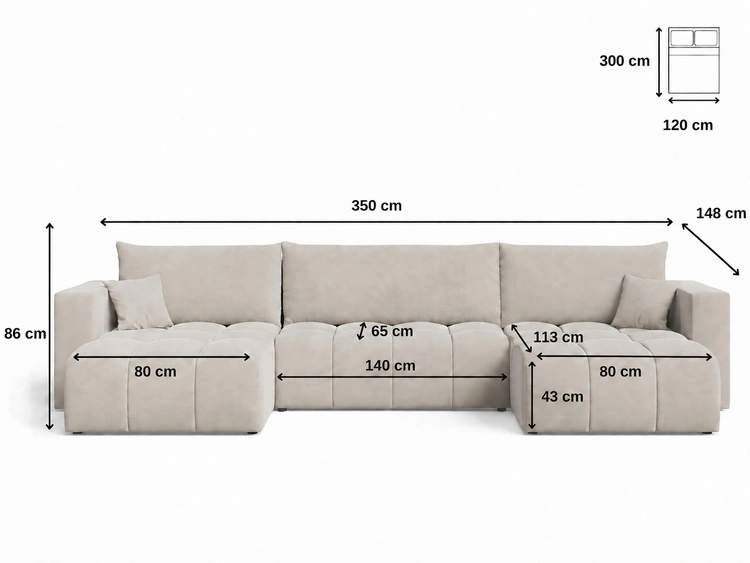 Wohnlandschaft mit Schlaffunktion und Bettkasten Neva Bouclé-Stoff Beige