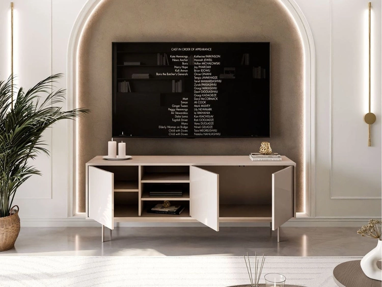 TV-Lowboard im Glamour-Stil mit Türen auf kaschmirfarbenen Füßen Vivance, Kaschmir Hochglanz