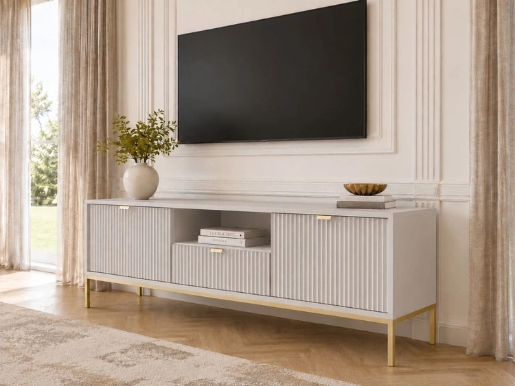 TV-Lowboard mit Schublade und Türen Amber Grau auf goldenen Beinen