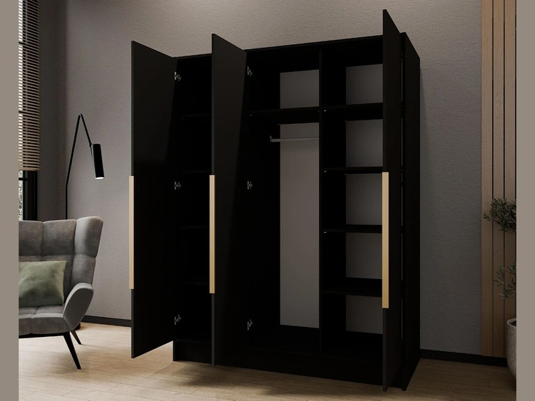 Kleiderschrank 150 cm Perugia Schwarz mit goldenen Griffen