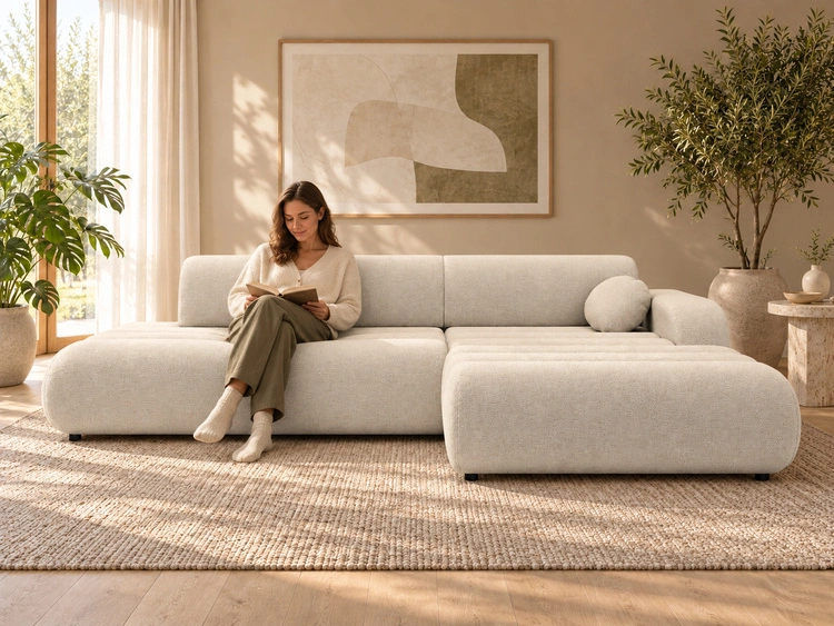 Ecksofa L-Form mit Schlaffunktion und Bettkasten Lisso Rechts Beige