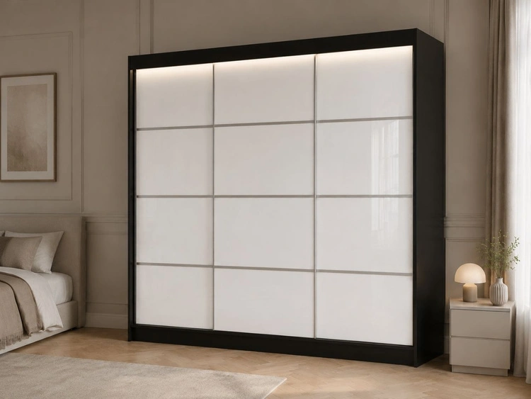 Schiebetürenschrank mit Sprossen 250 cm mit LED-Beleuchtung Ponti Schwarz, Weiß